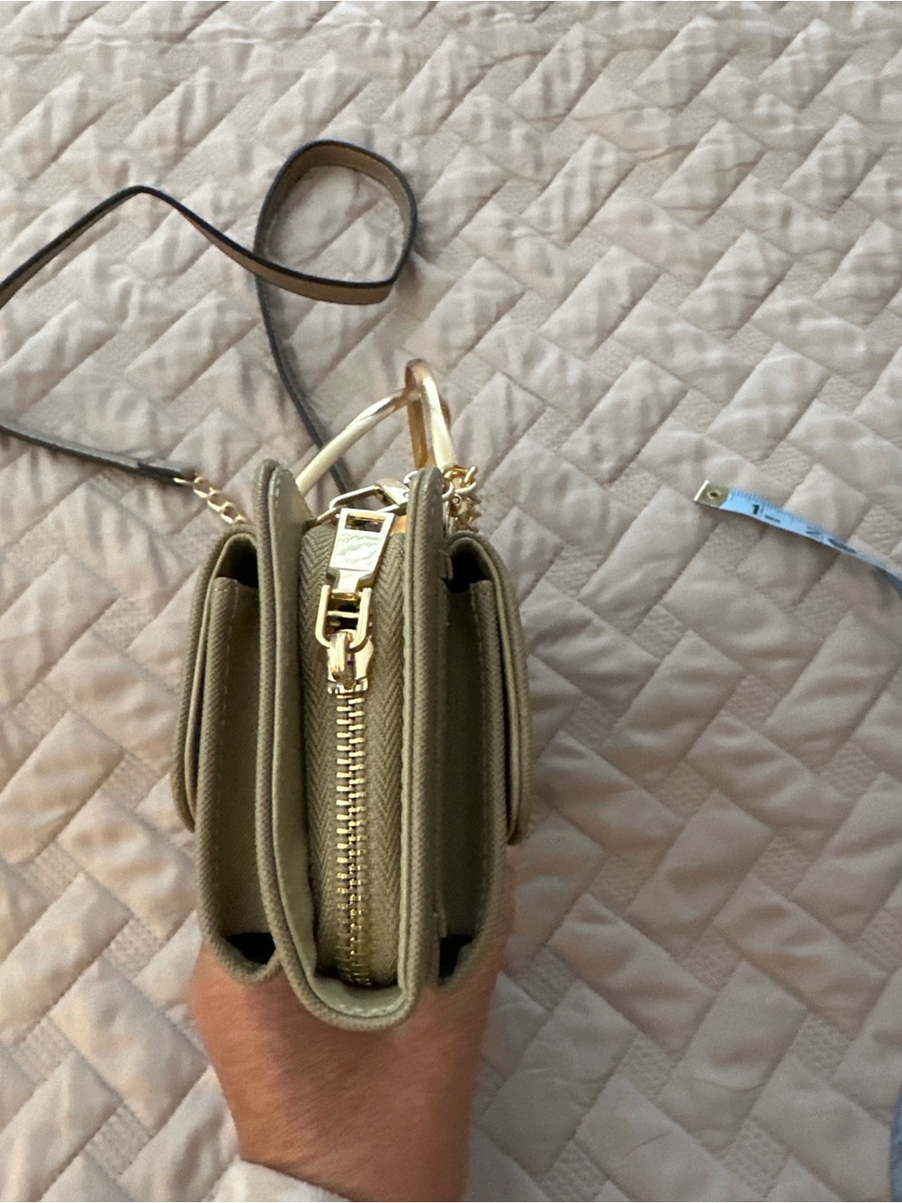 Faux Leather Top Handle Crossbody Clutch Taupe Gold Chain Structured Mini Bag - Picture 10 of 11